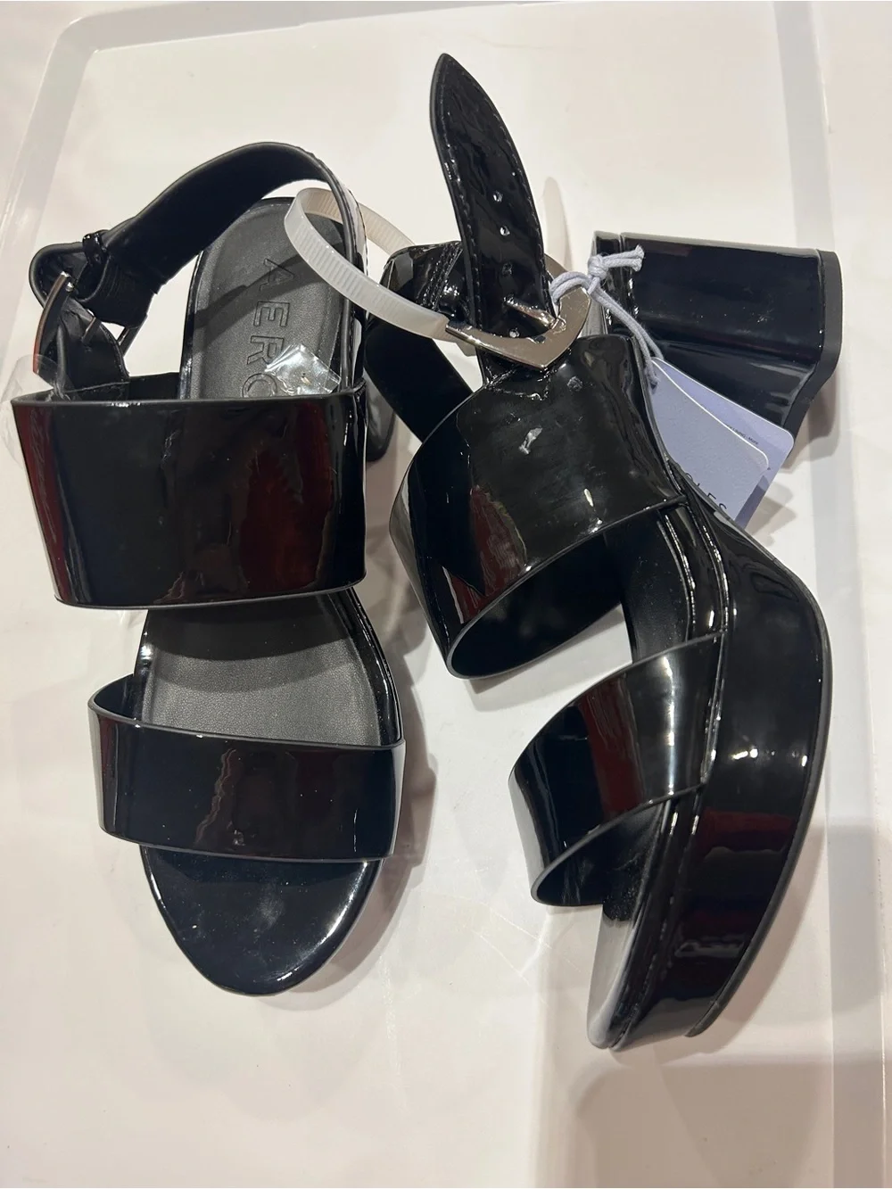 Aerosoles size 6W Camila Patent Platform Block-Heel Sandals Black NWOB
